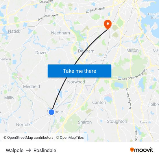 Walpole to Roslindale map