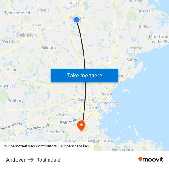 Andover to Roslindale map