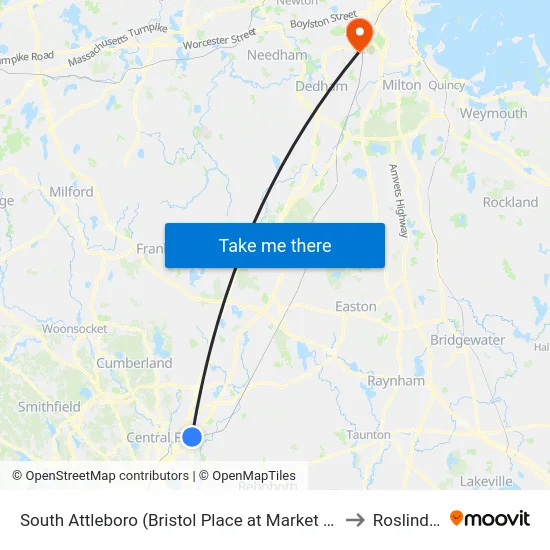 South Attleboro (Bristol Place at Market Basket) to Roslindale map
