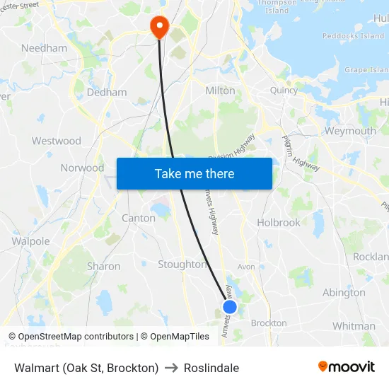 Walmart (Oak St, Brockton) to Roslindale map
