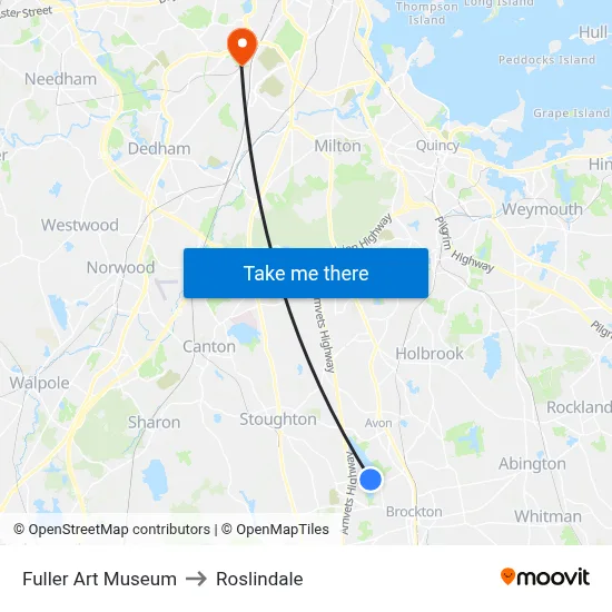 Fuller Art Museum to Roslindale map