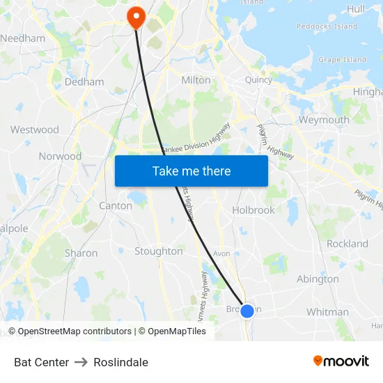 Bat Center to Roslindale map