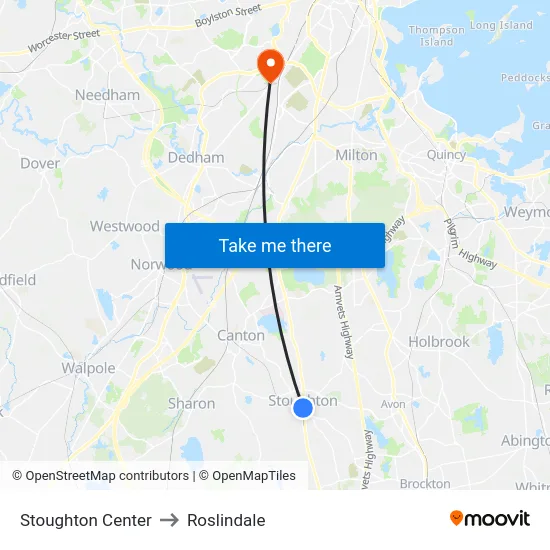 Stoughton Center to Roslindale map