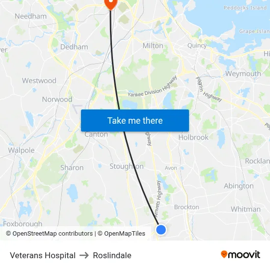 Veterans Hospital to Roslindale map