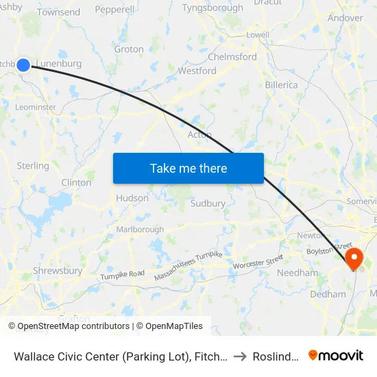 Wallace Civic Center (Parking Lot), Fitchburg to Roslindale map