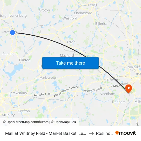Mall at Whitney Field - Market Basket, Leominster to Roslindale map