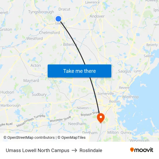 Umass Lowell North Campus to Roslindale map