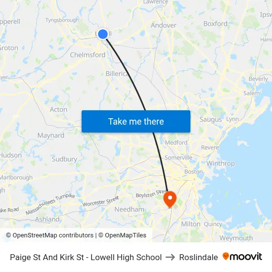 Paige St And Kirk St - Lowell High School to Roslindale map