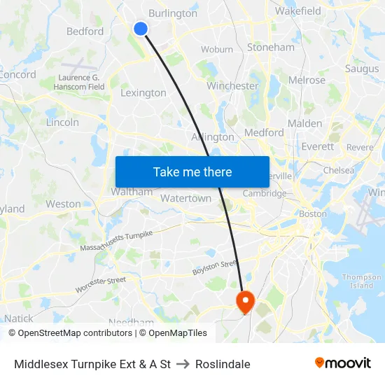 Middlesex Turnpike Ext & A St to Roslindale map