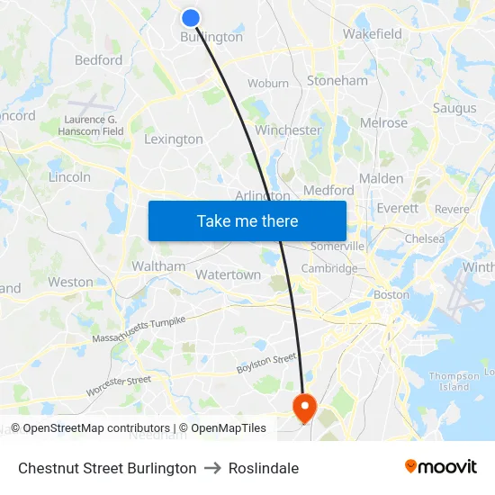 Chestnut Street Burlington to Roslindale map