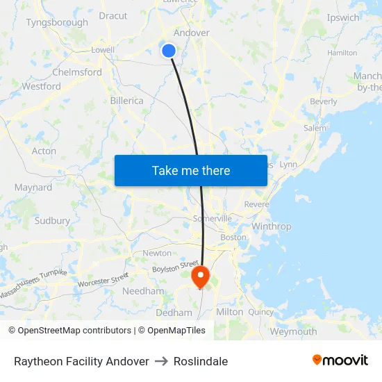 Raytheon Facility Andover to Roslindale map