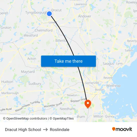 Dracut High School to Roslindale map