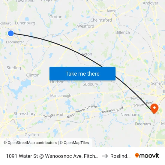 1091 Water St @ Wanoosnoc Ave, Fitchburg to Roslindale map