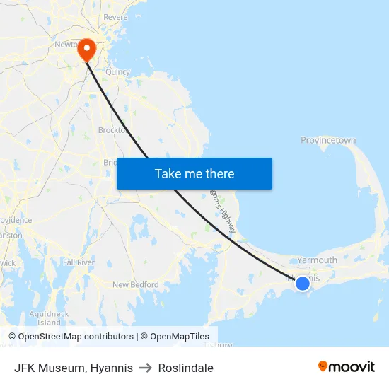 JFK Museum, Hyannis to Roslindale map