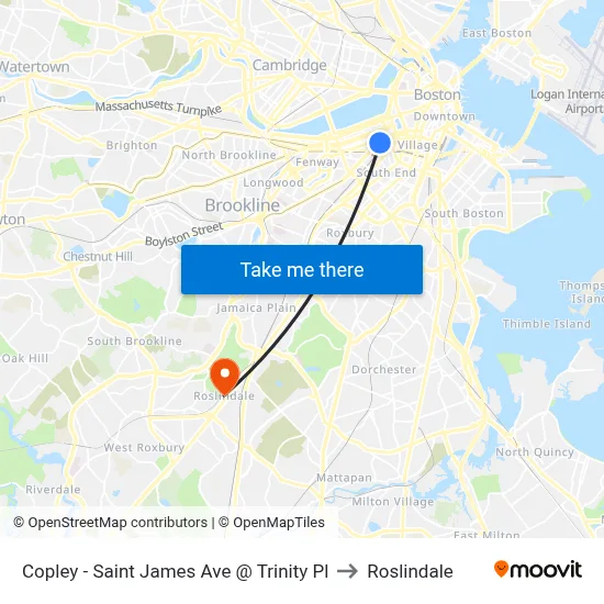 Copley - Saint James Ave @ Trinity Pl to Roslindale map