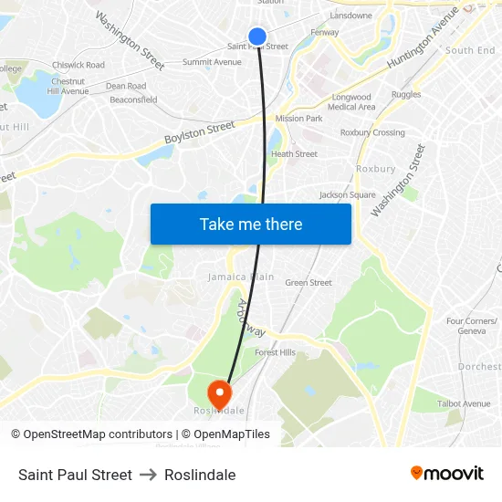 Saint Paul Street to Roslindale map