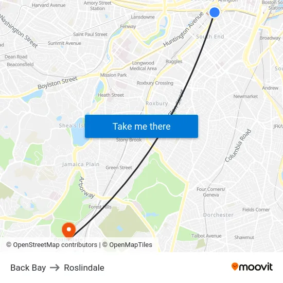Back Bay to Roslindale map
