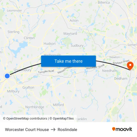 Worcester Court House to Roslindale map
