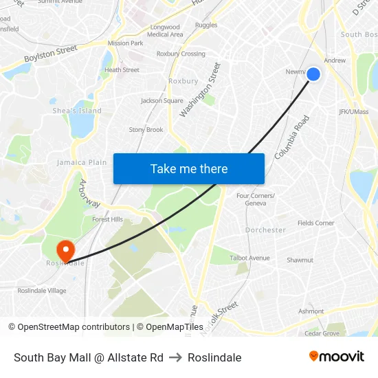 South Bay Mall @ Allstate Rd to Roslindale map