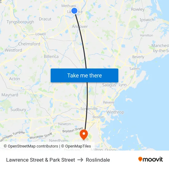 Lawrence Street & Park Street to Roslindale map