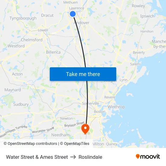 Water Street & Ames Street to Roslindale map