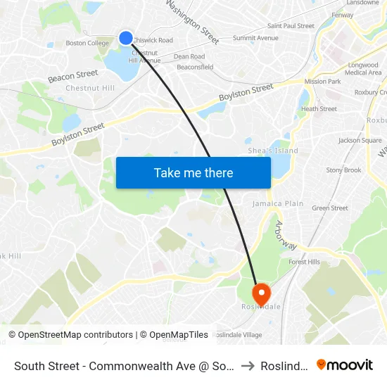 South Street - Commonwealth Ave @ South St to Roslindale map