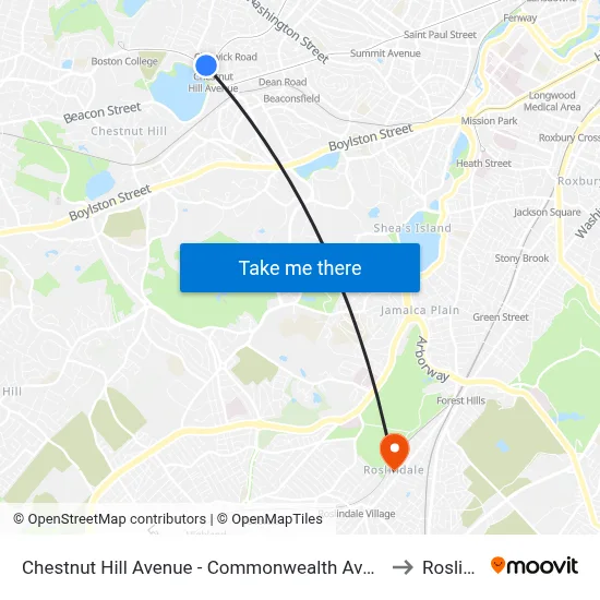 Chestnut Hill Avenue - Commonwealth Ave @ Chestnut Hill Ave to Roslindale map