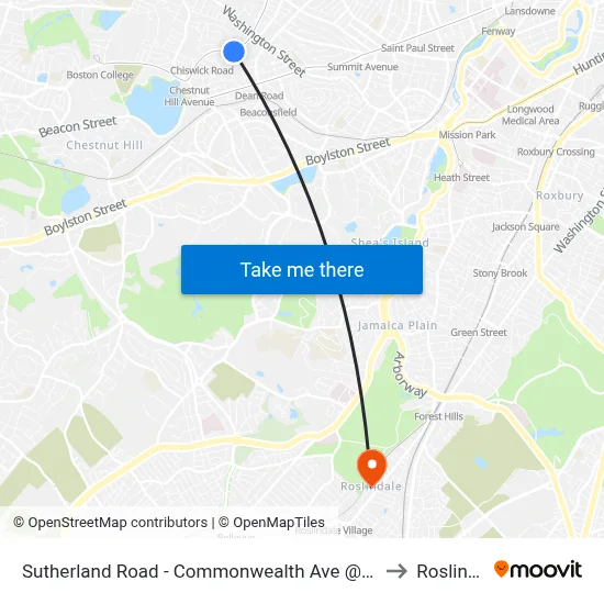 Sutherland Road - Commonwealth Ave @ Colborne Rd to Roslindale map