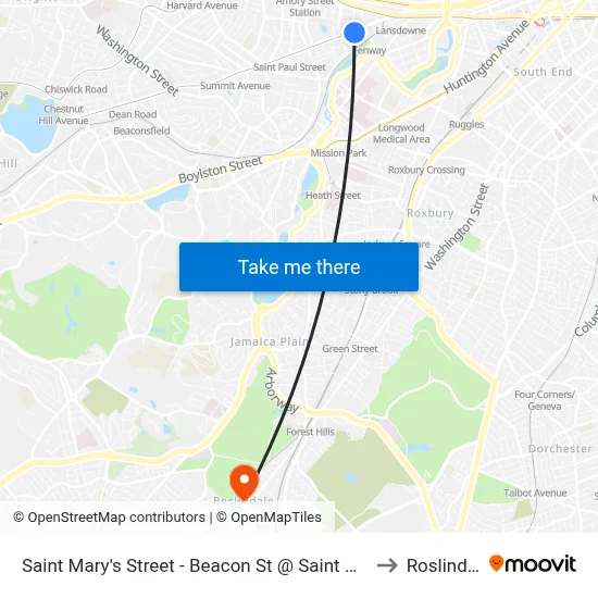 Saint Mary's Street - Beacon St @ Saint Mary's St to Roslindale map