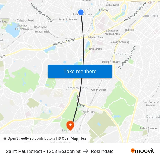 Saint Paul Street - 1253 Beacon St to Roslindale map