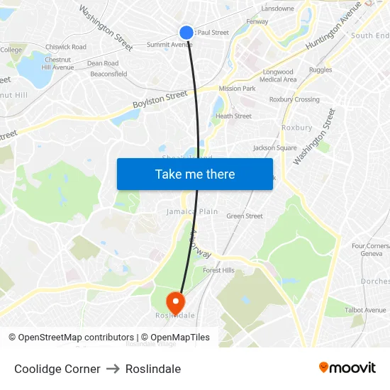 Coolidge Corner to Roslindale map