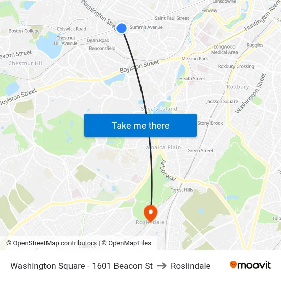 Washington Square - 1601 Beacon St to Roslindale map