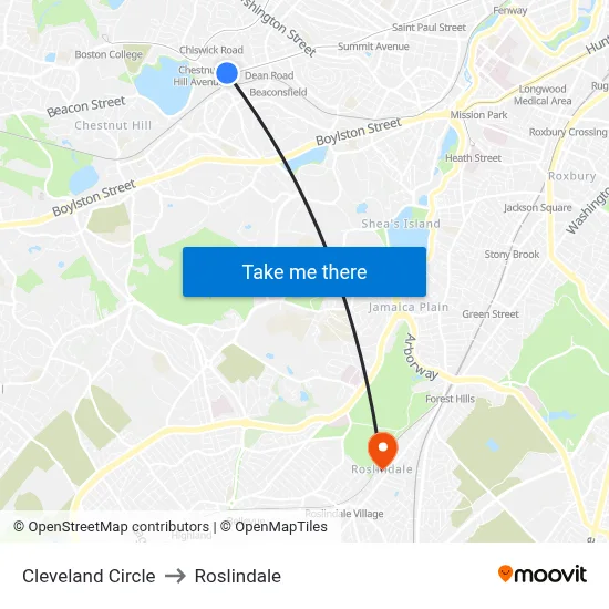Cleveland Circle to Roslindale map