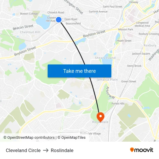 Cleveland Circle to Roslindale map