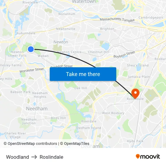 Woodland to Roslindale map