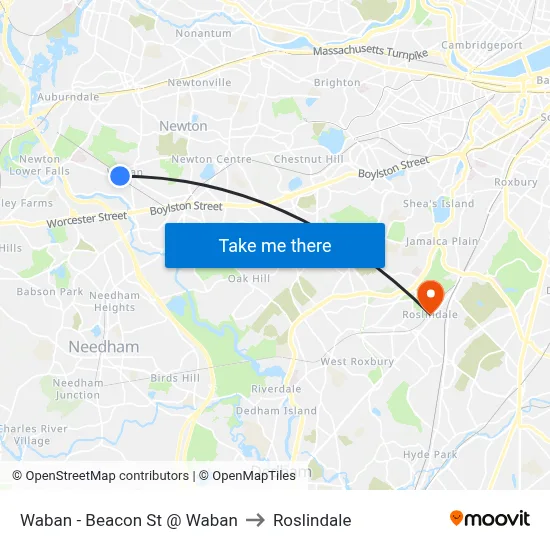 Waban - Beacon St @ Waban to Roslindale map