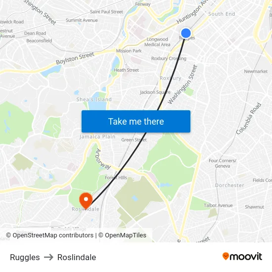 Ruggles to Roslindale map