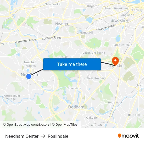 Needham Center to Roslindale map
