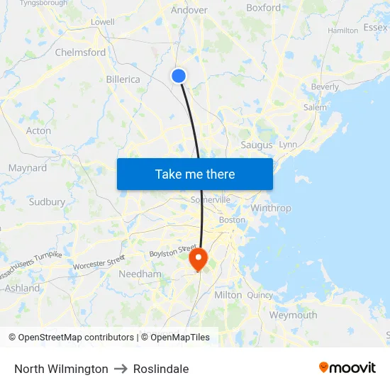 North Wilmington to Roslindale map