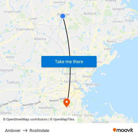 Andover to Roslindale map