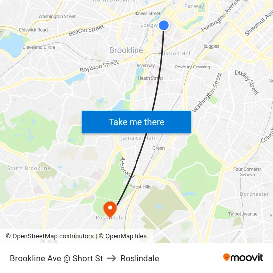 Brookline Ave @ Short St to Roslindale map