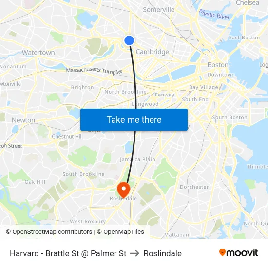 Harvard - Brattle St @ Palmer St to Roslindale map