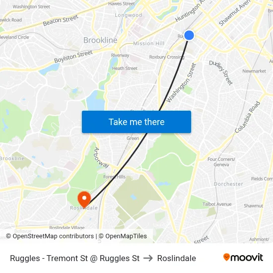 Ruggles - Tremont St @ Ruggles St to Roslindale map