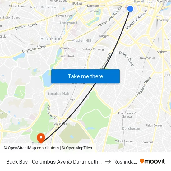 Back Bay - Columbus Ave @ Dartmouth St to Roslindale map