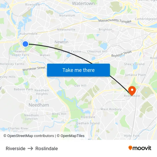 Riverside to Roslindale map