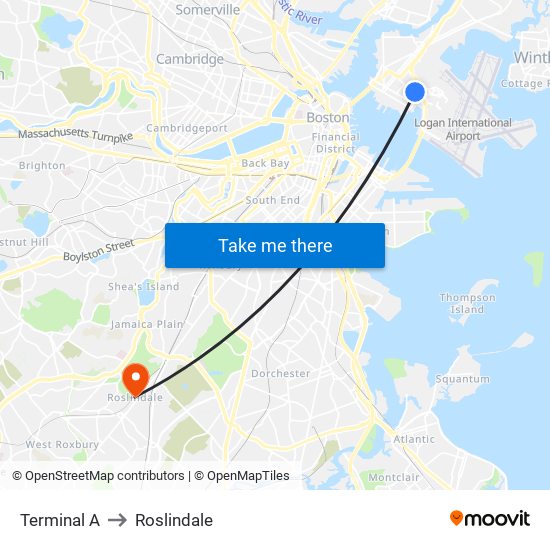 Terminal A to Roslindale map