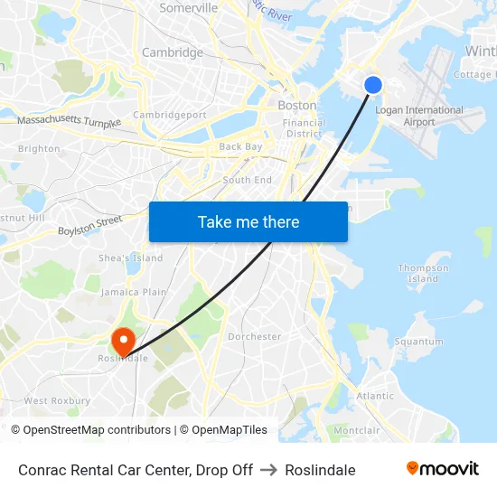 Conrac Rental Car Center, Drop Off to Roslindale map
