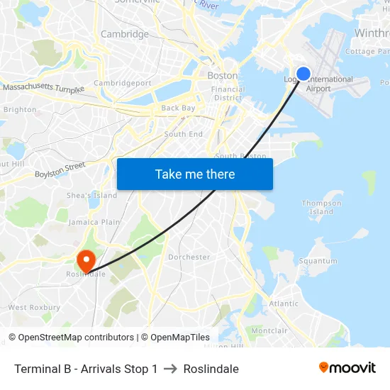 Terminal B - Arrivals Stop 1 to Roslindale map