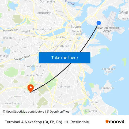 Terminal A Next Stop (Bt, Fh, Bb) to Roslindale map