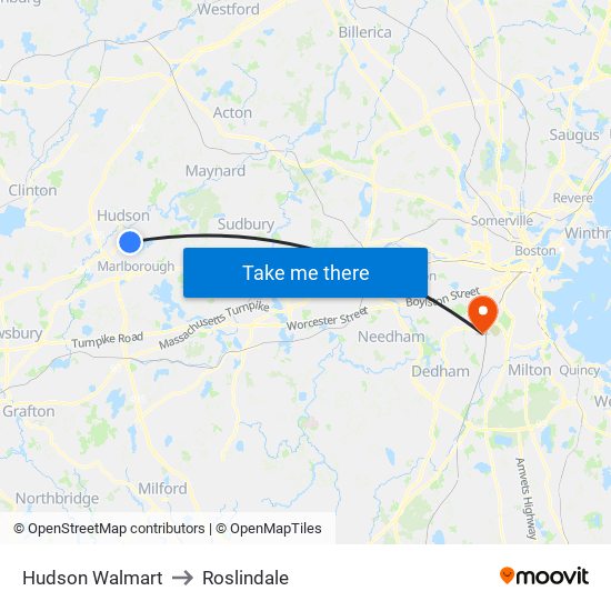 Hudson Walmart to Roslindale map